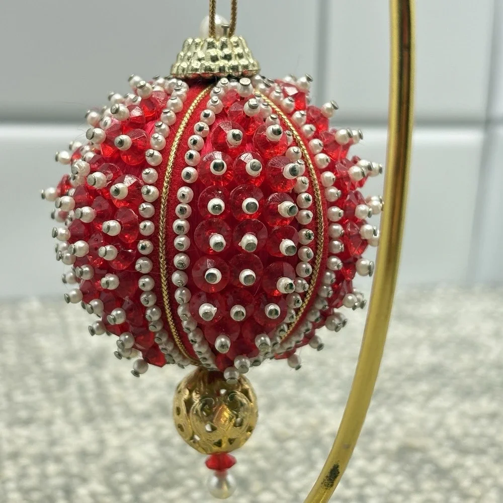 VTG Christmas Ornament Red Beaded Pins Lace MCM Shiny‎ Round Ball 3.5